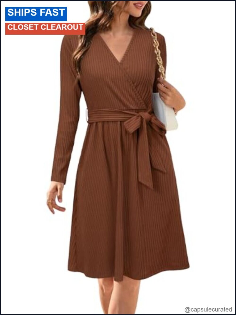 Sweater Dress Long Sleeve V-Neck Midi Belted Business Casual